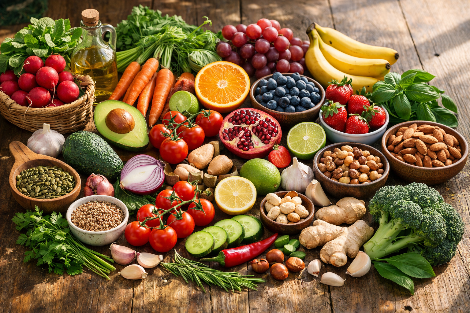fresh natural ingredients arranged on a wooden table including colorful fruits, vegetables, nuts, and herbs in natural morning light