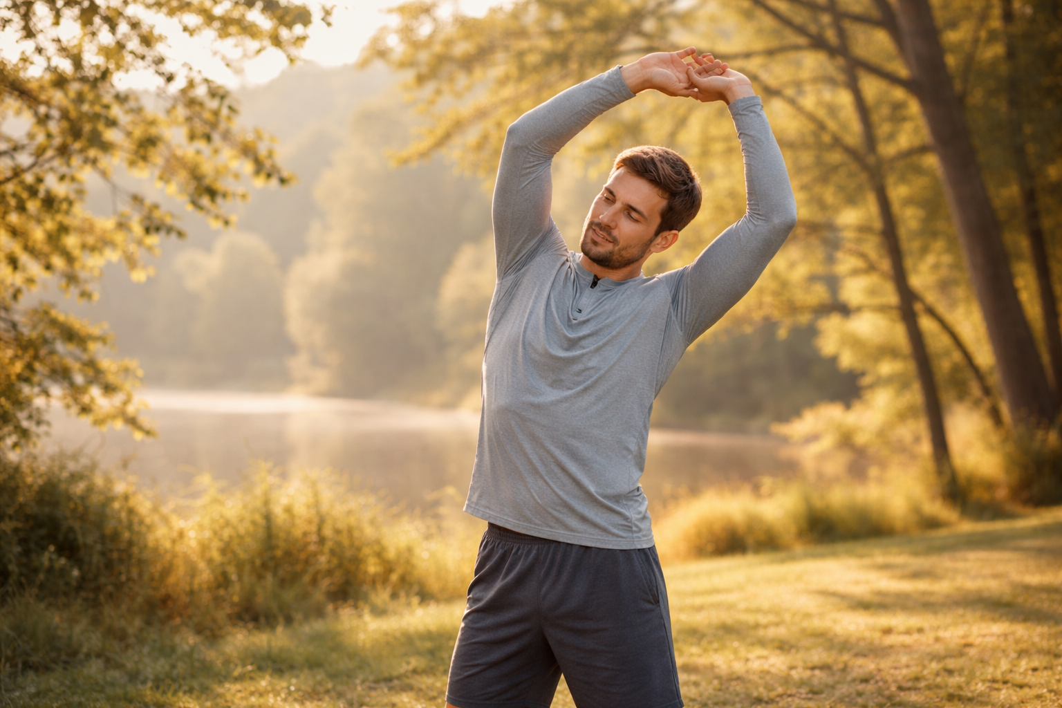 Mandoing gentle morning stretching exercises outdoors in a peaceful natural setting with soft sunlight